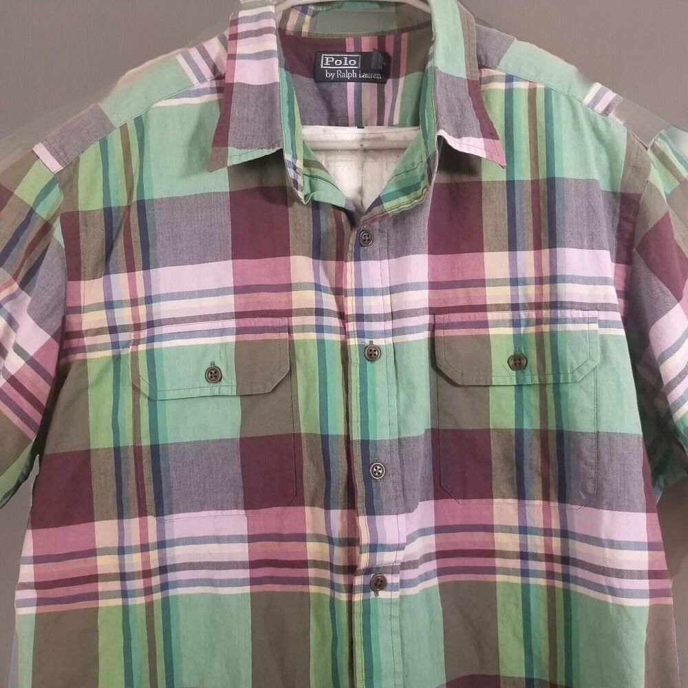 Vtg Polo RALPH LAUREN Shirt  Mens XXL Multicolored Plaid Short Sleeve Twill